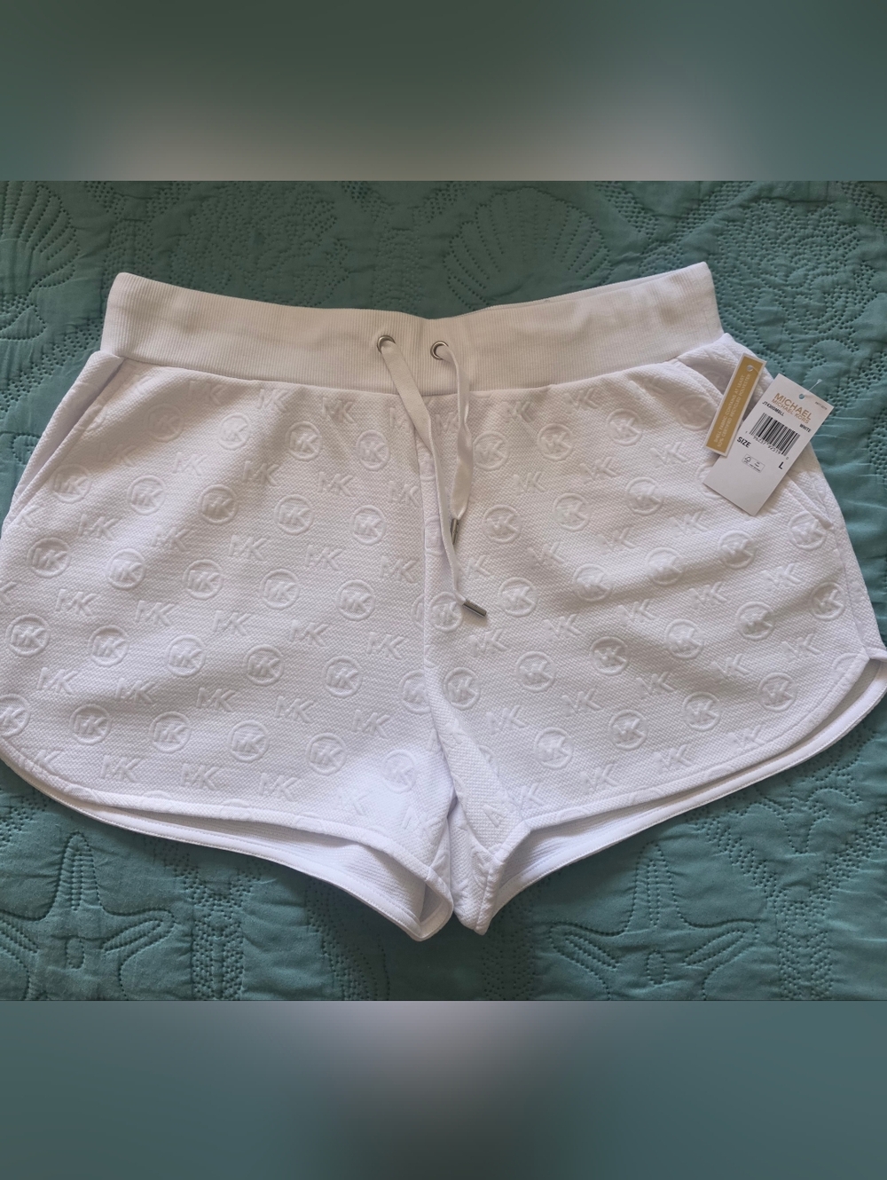 Michael Kors White Jacquard Logo Drawstring Athletic Shorts